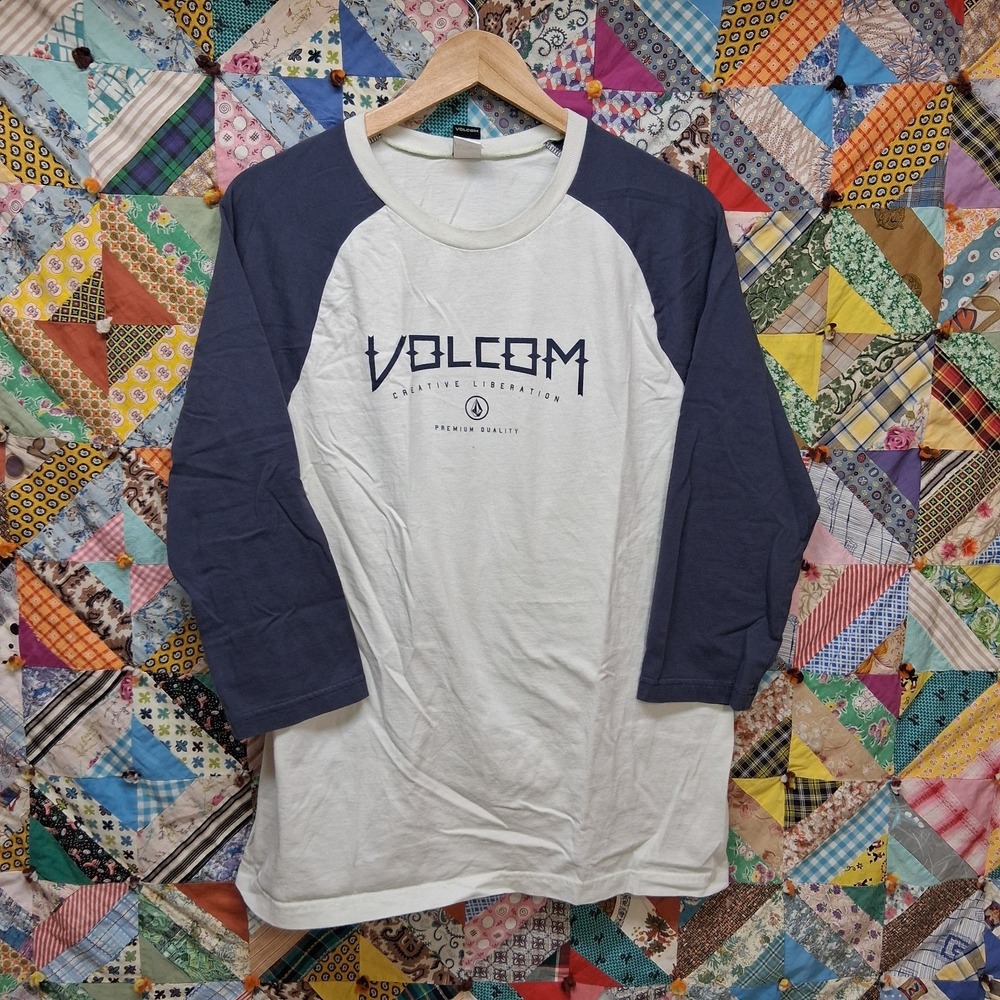 Volcom 3/4 Sleeve Blue and White T Shirt Size Large Creative Liberation Tee